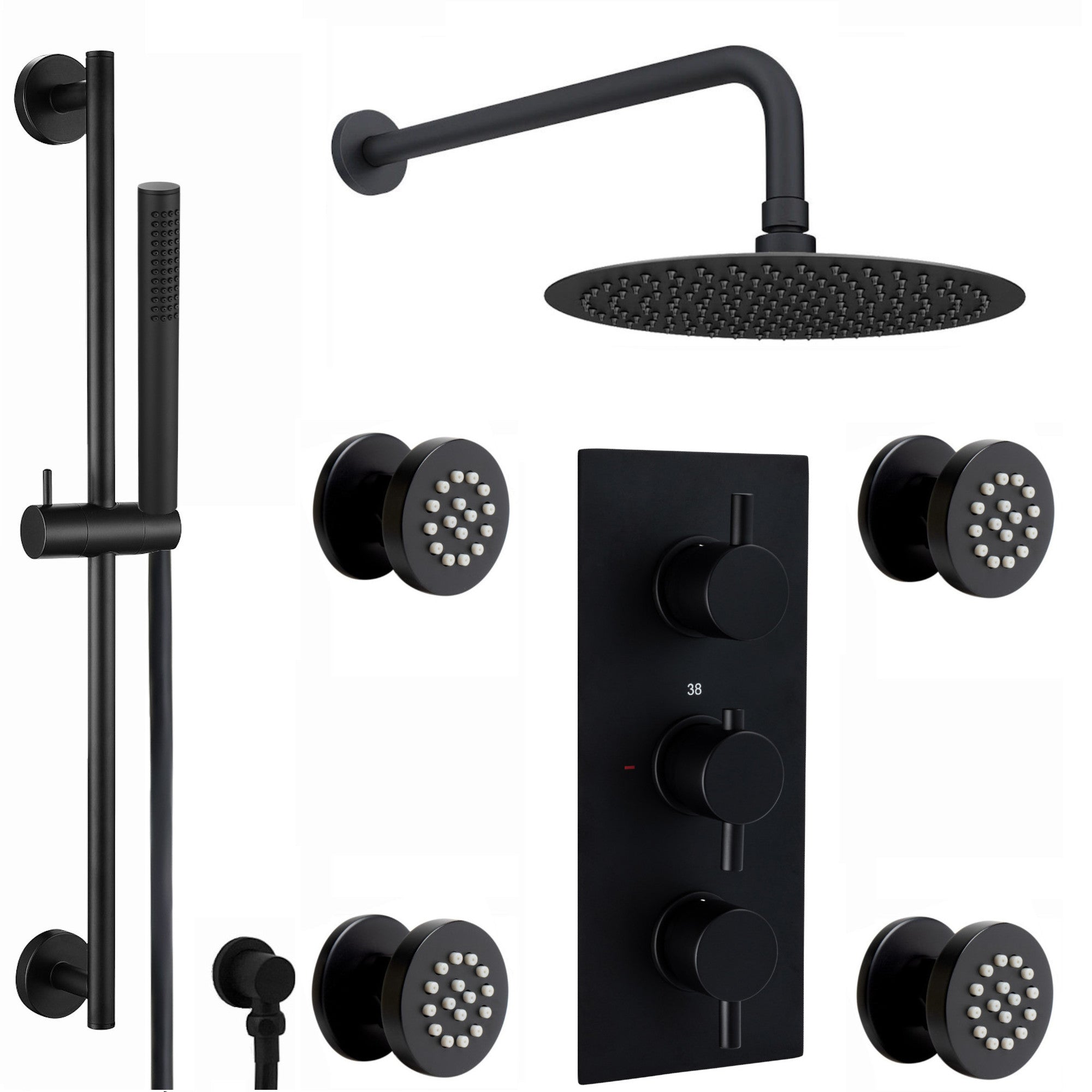 Naples Contemporary Round Concealed Thermostatic Shower Set Incl. Triple Diverter Valve, Wall Fixed 8" Shower Head, Slider Rail Kit, 4 Body Jets - Black (3 Outlet)